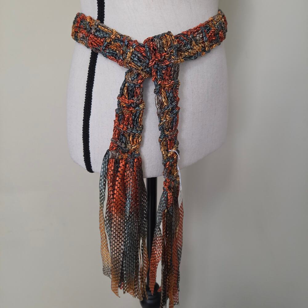 NWT Handmade Boho Gypsy Long Narrow Fringe Ladder Ribbon Belt Sash Scarf Artsy